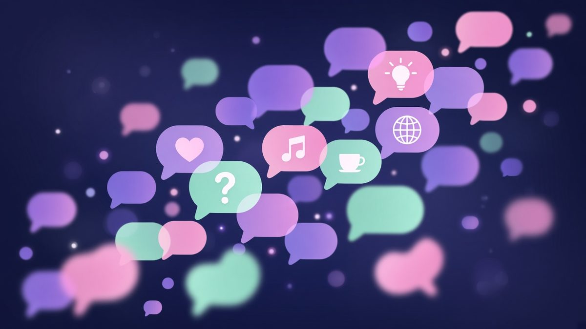 Colorful speech bubbles with question mark, heart and music note icons