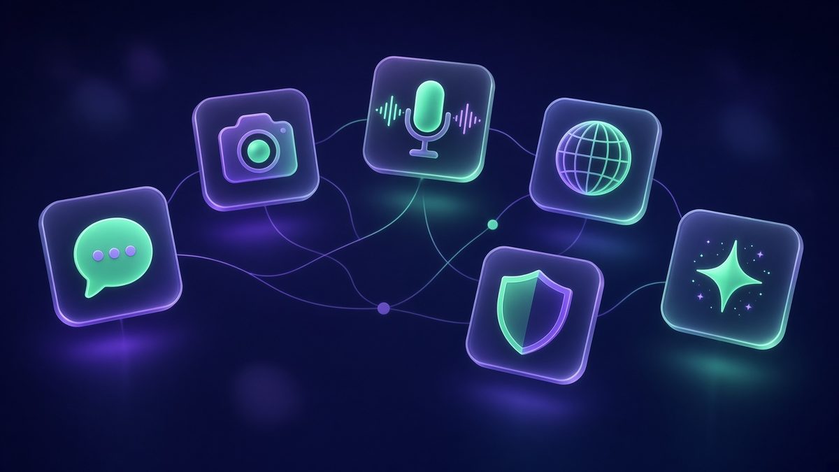 Six glowing chat, camera, microphone and globe icons connected on a dark background