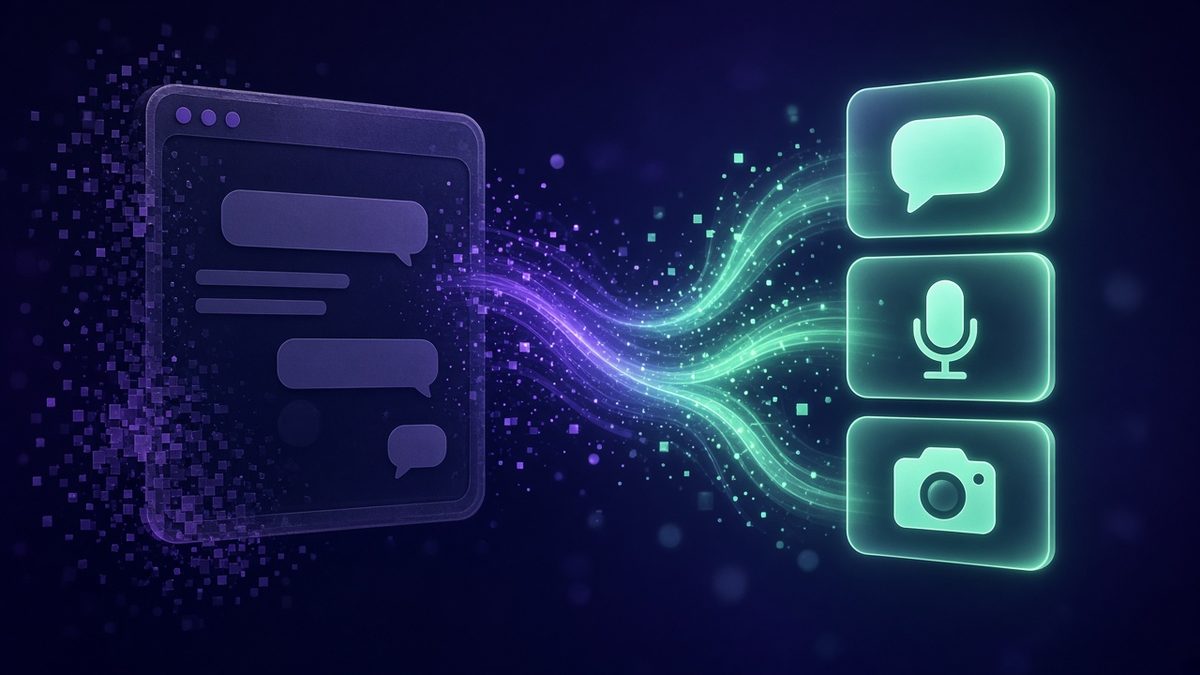 An old chat window dissolving into pixels beside three new chat, voice and video panels